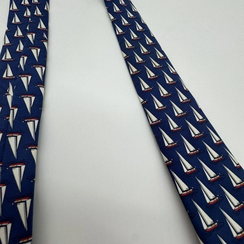 SERO Neck‎ Tie New England Preppy Sail Boat Nautical Handmade Silk Blue